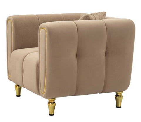 Fauteuil Alma Velours Matelassé Tourterelle pieds Dorés