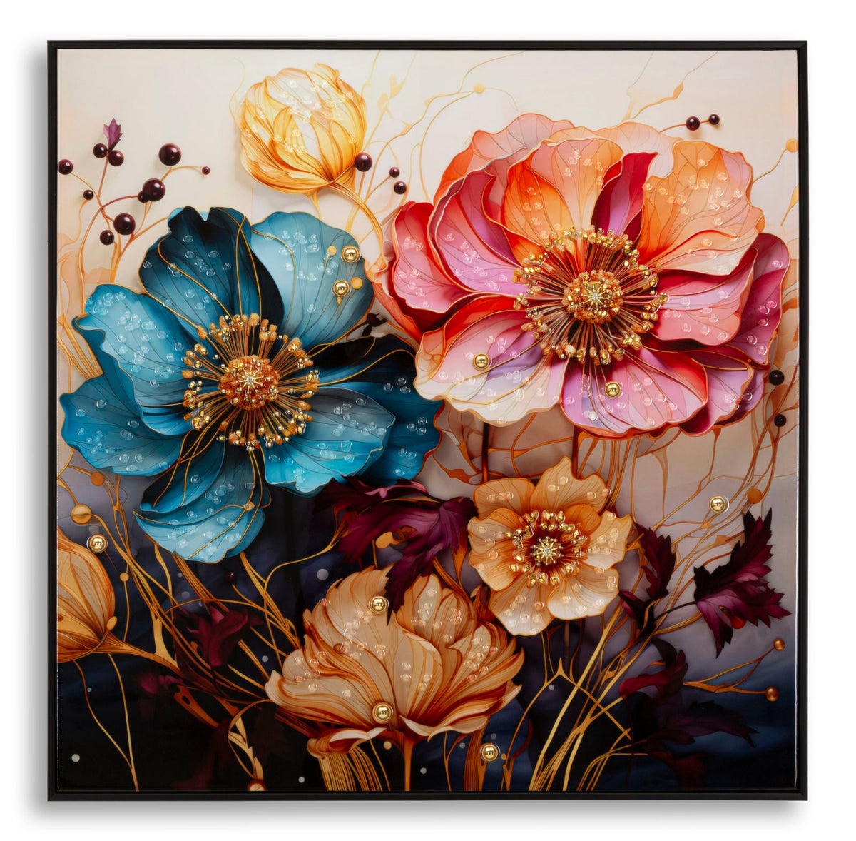 Cuadro de pared lacado con marco de madera y metal negro, flores multicolores