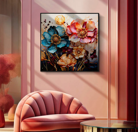 Cuadro de pared lacado con marco de madera y metal negro, flores multicolores