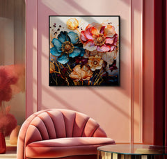 Tableau mural Laquared avec cadre en bois et métal noir fleurs multicolores