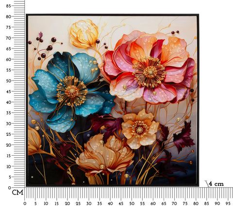 Cuadro de pared lacado con marco de madera y metal negro, flores multicolores
