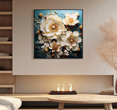 Tableau mural Laquared avec cadre en bois et métal Noir fleurs Blanches