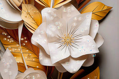 Peinture murale avec cadre en bois et métal doré Fleurs et Feuilles