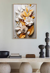 Peinture murale avec cadre en bois et métal doré Fleurs et Feuilles