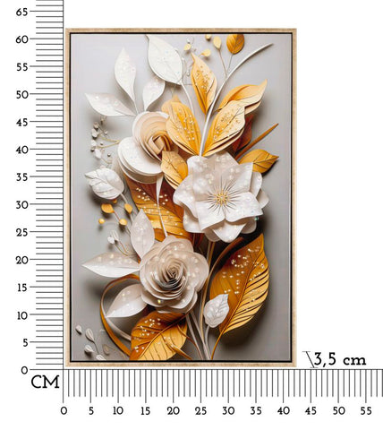 Peinture murale avec cadre en bois et métal doré Fleurs et Feuilles