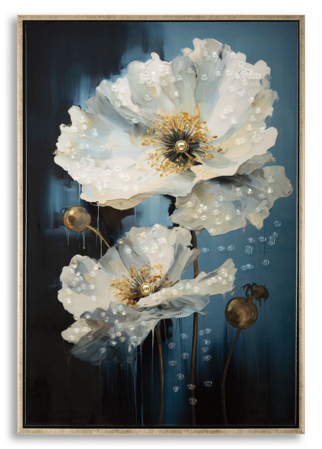 Tableau mural encadré peinture sur toile cadre bois et métal doré bleu