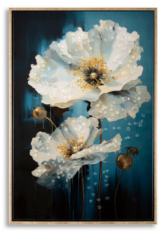 Tableau mural encadré peinture sur toile cadre bois et métal doré bleu