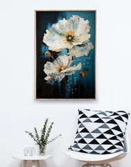 Tableau mural encadré peinture sur toile cadre bois et métal doré bleu