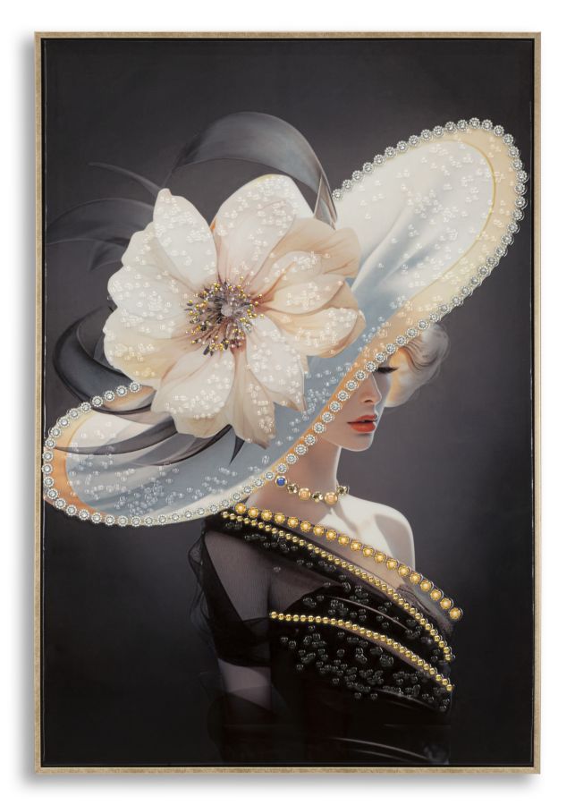Tableau mural Laquared femme chapeau cadre bois et métal doré