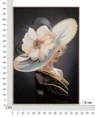 Tableau mural Laquared femme chapeau cadre bois et métal doré