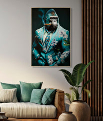 Tableau mural gorille costume en toile cadre bois doré