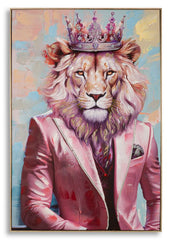 Tableau mural Lion avec cadre en métal doré et bois rose