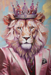 Tableau mural Lion avec cadre en métal doré et bois rose