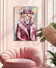Tableau mural Lion avec cadre en métal doré et bois rose