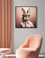 Peinture murale lapin avec cadre en bois et métal rose