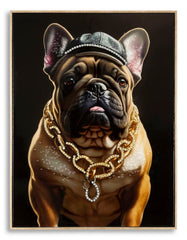 Peinture murale Bulldog avec cadre en bois et métal doré