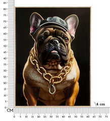 Peinture murale Bulldog avec cadre en bois et métal doré