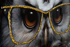 Peinture sur toile cadre en bois et métal argenté Chouette lunettes dorées