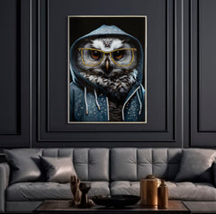 Peinture sur toile cadre en bois et métal argenté Chouette lunettes dorées