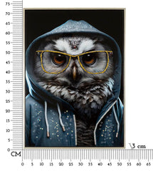 Peinture sur toile cadre en bois et métal argenté Chouette lunettes dorées