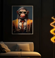 Peinture murale Singe encadrée en Bois et Métal doré avec applications en relief