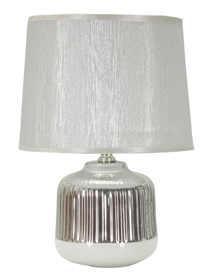 Lampe de table Lucina Céramique Blanche et Argentée Abat-jour Tissu Argenté