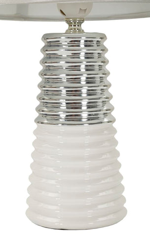 Lampe de table Candela céramique blanche et abat-jour tissu argenté