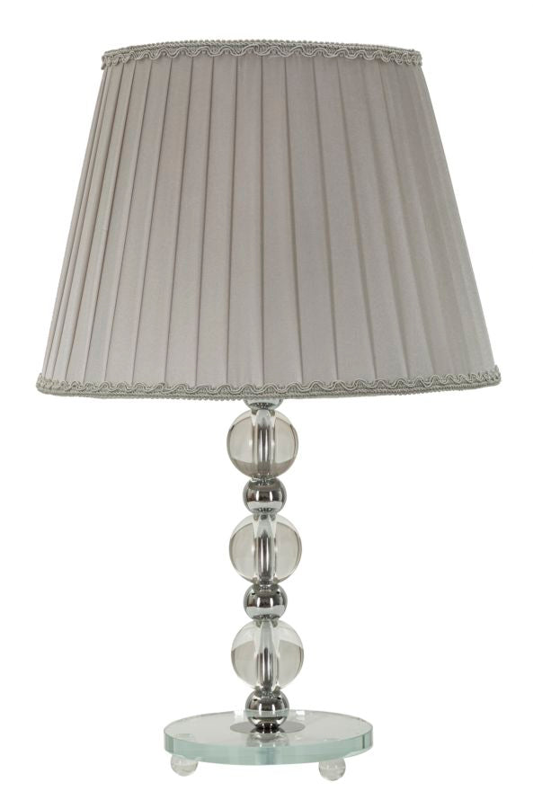 Lámpara de mesa Tolly de metal plateado y cristal con pantalla de tela gris