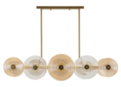 Suspension en métal doré avec abat-jours en verre ronds décorés de cercles concentriques