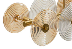 Suspension en métal doré avec abat-jours en verre ronds décorés de cercles concentriques