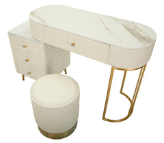 Bureau de lit Sharon Simili cuir Blanc avec pouf rond Métal Doré