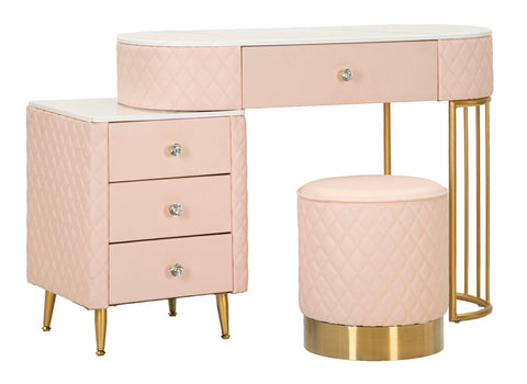 Bureau de lit Sharon Cuir synthétique Rose avec Pouf en Cuir synthétique matelassé et Métal doré