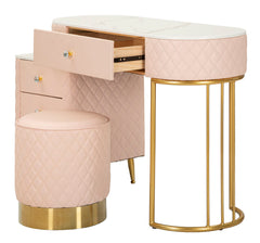 Bureau de lit Sharon Cuir synthétique Rose avec Pouf en Cuir synthétique matelassé et Métal doré