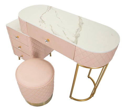 Bureau de lit Sharon Cuir synthétique Rose avec Pouf en Cuir synthétique matelassé et Métal doré
