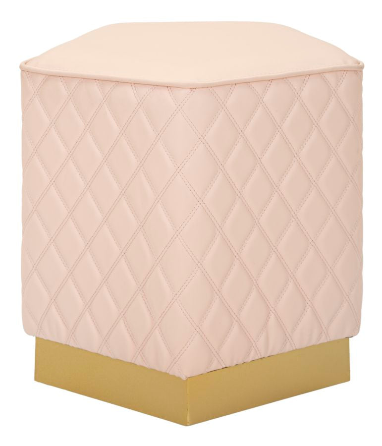 Puf pentagonal tapizado Sharon en símil piel rosa con base dorada