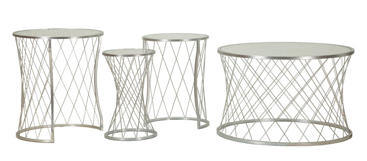 Ensemble de 4 tables en métal argenté motif diamant plateau en verre trempé