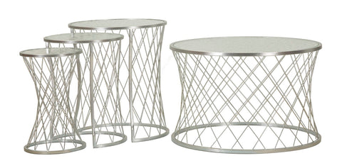 Ensemble de 4 tables en métal argenté motif diamant plateau en verre trempé