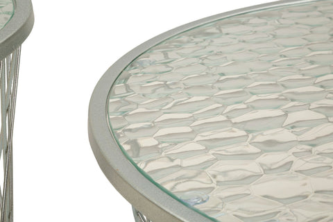Ensemble de 4 tables en métal argenté motif diamant plateau en verre trempé