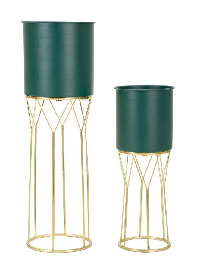 Support vase ensemble 2 pièces vert base dorée motifs géométriques