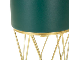Support vase ensemble 2 pièces vert base dorée motifs géométriques