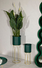 Support vase ensemble 2 pièces vert base dorée motifs géométriques