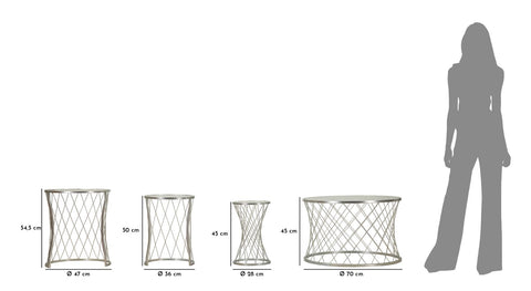 Ensemble de 4 tables en métal argenté motif diamant plateau en verre trempé
