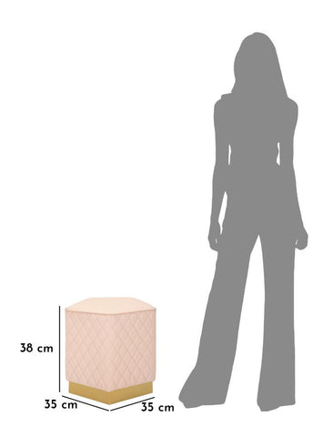 Puf pentagonal tapizado Sharon en símil piel rosa con base dorada