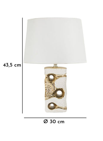 Lámpara de Mesa Florida Cerámica Blanca y Dorada pantalla Tela Blanca
