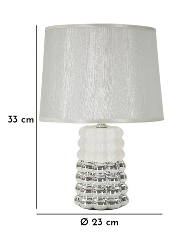 Lámpara de mesa de cerámica blanca y plateada con pantalla de tela plateada