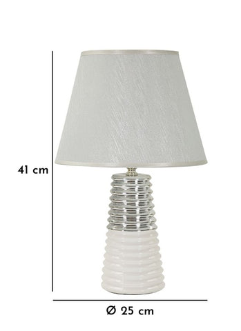 Lampe de table Candela céramique blanche et abat-jour tissu argenté