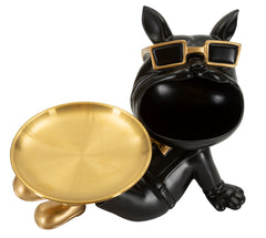 Statuette chien avec plateau doré et pieds Noir
