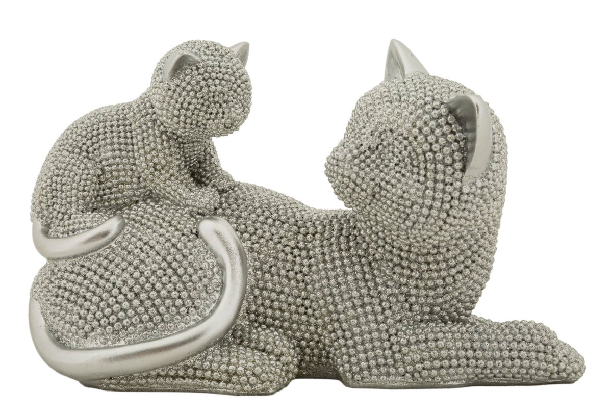 Estatua de Gata Madre con Cachorro Plateada