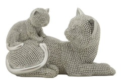 Statue Chat Mère avec Chiot Silver