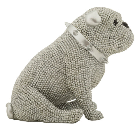 Estatua Bulldog Sentado Diamantes y Collar Plateado